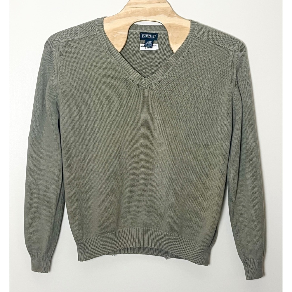 Vintage Lands End V-Neck Sweater Mens Large Olive Green 100% Cotton Made in USA